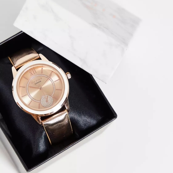 LIPSY | Leather Strap Watch w/ Rhinestone Face Detail in Rose Gold - Picture 3 of 7